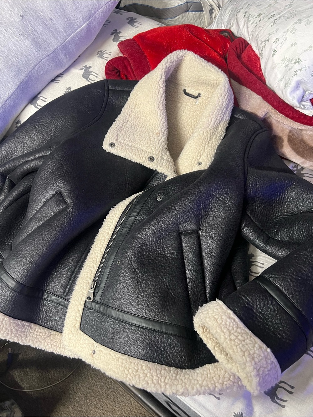 Women’s Black Faux Leather Sherpa Aviator Jacket